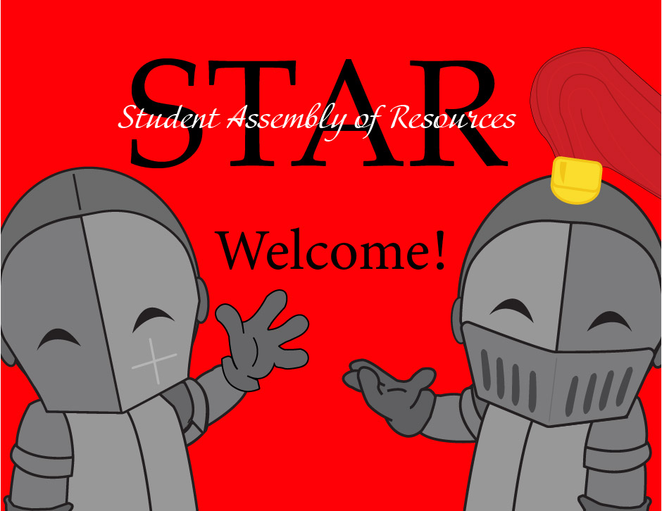 2 Knight Characters waving with the text "Welcome" and "STAR: Student Assembly of Resources"